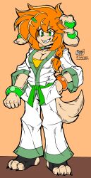  2022 3_toes aged_up anthro basset_hound bottomwear bracelet breasts canid canine canis choker claws cleavage clothed clothing colored domestic_dog eyebrow_through_hair eyebrows feet female fighter_outfit floppy_ears footwear freedom_planet fur galaxytrail green_eyes hair hand_on_hip happy hi_res hunting_dog jewelry karate_belt karate_pants long_hair mammal milla_basset necklace orange_hair pants paws plantigrade ponytail scent_hound signature smile socks solo stirrup_footwear stirrup_socks tan_body tan_fur toe_claws toeless_legwear toes translucent translucent_hair zhengfox 