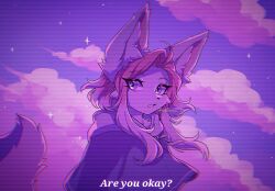  2023 3rdperson_iz anthro black_nose canid canine cheek_tuft clothed clothed_anthro clothed_female clothing cloud dialogue digital_drawing_(artwork) digital_media_(artwork) english_text eyebrow_through_hair eyebrows eyelashes facial_tuft female female_anthro fox fur hair hi_res hoodie inner_ear_fluff long_hair looking_at_viewer mammal outside pink_hair portrait purple_eyes shaded sky smile solo star starry_sky tail text topwear translucent translucent_hair tuft 