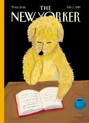  1999 ambiguous_gender anthro beverage black_background black_nose book canid canine canis claws closed_eyes container cup domestic_dog english_text fur furniture hi_res maira_kalman mammal reading saucer simple_background solo table tea_cup text the_new_yorker traditional_media_(artwork) yellow_body yellow_fur 