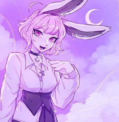  2024 3rdperson_iz 4_fingers ahoge anthro bangs black_bottomwear black_clothing black_skirt bottomwear breasts chest_tuft choker clothed clothed_anthro clothed_female clothing cloud collared_shirt colored crescent_moon cross cross_necklace digital_drawing_(artwork) digital_media_(artwork) eyelashes female female_anthro fingers fully_clothed fur hair jewelry lagomorph leporid long_ears looking_at_viewer mammal moon necklace night open_mouth outside pink_eyes pink_hair rabbit shaded shirt short_hair skirt sky smile solo star starry_sky topwear tuft white_body white_clothing white_fur white_shirt white_topwear 
