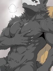  abs absurd_res anthro black_body black_fur black_sclera bone bone_mask canid canine changed_(video_game) claws finger_claws fur hand_on_chest hi_res male mammal mask muscular muscular_male puro_(changed) raimuoekaki skull skull_mask solo 