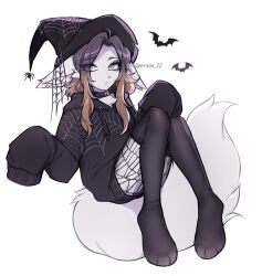  2024 3rdperson_iz alternative_fashion anthro bent_legs black_clothing black_hair black_hat black_headwear black_topwear brown_hair canid canine clothed clothed_female clothing collar digital_drawing_(artwork) digital_media_(artwork) ear_piercing eyelashes feet felid female female_anthro fishnet_clothing fishnet_legwear fluffy fluffy_tail fur goth hair hat headgear headwear hi_res legwear looking_at_viewer mammal monotone_body multicolored_hair piercing pupils simple_background solo spider_web tail text thigh_highs topwear two_tone_hair white_background white_body white_fur white_pupils witch_hat 