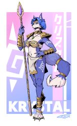  abstract_background blue_body blue_hair bottomwear bra canid canine clothed clothing fauxfowl female fox hair hi_res holding_object holding_weapon jewelry krystal_(star_fox) loincloth mammal markings nintendo staff standing star_fox underwear weapon 