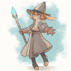  1:1 anthro blue_eyes bottomwear brown_body brown_fur brown_hair circle_eyebrows clothing crystal eyebrows feet female floppy_ears fur glistening glistening_eyes gloves hair handwear hat headgear headwear hi_res lagomorph leporid lips long_ears long_skirt looking_at_viewer lop_ears magic_user mammal multicolored_body multicolored_fur multicolored_hair on_one_leg pattern_clothing pink_lips pink_nose puffy_sleeves pupils rabbit reaching_out reaching_towards_viewer red_clothing red_gloves red_handwear robe scut_tail short_tail skirt smile smiling_at_viewer solo staff standing stirrup_legwear striped_clothing stripes sweater tail tateoftot toes topwear turtleneck white_body white_fur white_hair white_pupils witch_hat 