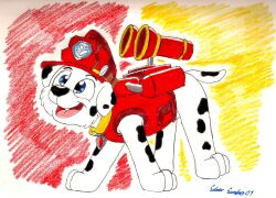  2013 armor backpack black_spots blue_eyes canid canine canis clothing dalmatian domestic_dog feral firefighter_helmet floppy_ears fur headgear helmet male mammal markings marshall_(paw_patrol) open_mouth open_smile paw_patrol quadruped red_backpack red_clothing red_helmet red_topwear red_vest silversimba01 smile solo spots spotted_body spotted_fur topwear traditional_media_(artwork) vest white_body white_fur yellow_backpack 