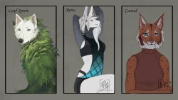  16:9 2022 anthro artist_logo artist_name black_clothing black_crop_top black_lips black_nose black_shirt black_topwear blue_eyes breasts brown_body brown_clothing brown_fur brown_sweater brown_topwear canid canine canis caraid_(character) character_name cheek_tuft claws clothed clothing countershade_face countershading crop_top crossed_arms digital_media_(artwork) digital_painting_(artwork) ear_tuft facial_tuft felid feline female finger_claws fingers front_view fur green_eyes grey_background grey_body grey_fur hair half-length_portrait halterneck hands_above_head hi_res inner_ear_fluff jackal jacktor jadedragoness lips logo lynx male mammal medium_breasts medium_hair mouth_closed painting_(artwork) pink_inner_ear pink_nose plant_spirit_(alectorfencer) pointy_ears portrait prick_ears renu shirt side_view simple_background skimpy sleeveless_sweater snaggle_tooth snout snout_from_the_front solo spirit spots stripes sweater text topwear tuft whiskers white_body white_countershading white_fur white_hair white_inner_ear_fluff widescreen wolf 