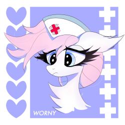  1:1 2026 abstract_background absurd_res blue_eyes clothing digital_media_(artwork) earth_pony english_text equid equine eyelashes female feral friendship_is_magic fur hair half-closed_eyes hasbro hat headgear headwear hi_res horse mammal mane medic medical my_little_pony mythological_creature mythological_equine mythology narrowed_eyes nurse nurse_redheart pink_hair pink_mane pony portrait sad signature simple_background solo text thick_eyelashes white_body white_fur worny worried 