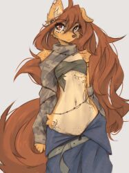  absurd_res anthro apogee_(tinygaypirate) arm_tattoo arm_tuft armwear bandeau belt breasts bridge_piercing brown_eyes brown_hair camo camo_print canid canine canis cheek_piercing cheek_tuft chest_wraps clothing countershade_torso countershading detached_sleeves domestic_dog ear_piercing ear_ring emotionless eyebrow_through_hair eyebrows eyelashes eyelashes_through_hair facial_piercing facial_tattoo facial_tuft female fluffy fluffy_tail freckled_ears freckled_face freckled_shoulders freckles fur gauged_ear grey_background hair hi_res hip_tattoo hip_tuft inner_ear_fluff long_hair long_tail looking_at_viewer mammal markings midriff mottled mottled_nose neck_tattoo nose_piercing one_ear_up patch_(marking) piercing portrait ring_piercing shoulder_tuft simple_background slim small_breasts solo spitz tail tan_body tan_countershading tan_fur tan_inner_ear tan_inner_ear_fluff tan_markings tattoo three-quarter_portrait tied_clothing tinygaypirate topwear translucent translucent_hair tuft underboob_tattoo waist_tattoo wide_hips wraps 