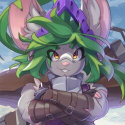  anthro bandage bandage_on_face bandage_on_nose bevor big_ears buckteeth bust_portrait clothed clothing colored crossed_arms dansyron digital_media_(artwork) female fur gloves green_hair grey_body grey_fur hair handwear hi_res inner_ear_fluff looking_at_viewer mammal matilda_(dansyron) melee_weapon mouse murid murine notched_ear orange_eyes portrait rodent shaded smile smirk solo sword teeth tuft weapon 