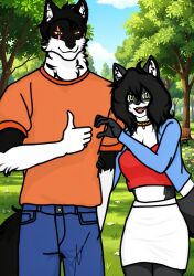  anthro black_body black_fur black_hair canid canine canis clothing detailed_background digital_drawing_(artwork) digital_media_(artwork) digital_painting_(artwork) duo female friends_with_benefits fur green_eyes hair hand_sign hi_res light looking_at_viewer male mammal multicolored_body nagisa_(nagisa_kyoya) nagisa_kyoya open_mouth painting_(artwork) park plant pytex_(pytex_wolf) short_hair smile sunlight tree two_tone_body white_body white_fur white_sclera wolf 