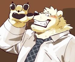  accessory anthro bear blush button-down_shirt clothing eyewear fur garouzuki glasses grin hair head_tuft ken_(garouzuki) looking_at_viewer male mammal necktie pawpads polar_bear shirt smile solo topwear tuft ursine white_body white_fur white_hair 