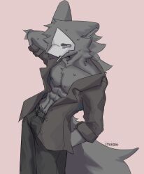  absurd_res anthro arm_tuft awkward_expression big_tail black_body black_bottomwear black_clothing black_collar black_ears black_fur black_pants black_shirt black_tail black_topwear bodily_fluids bottomwear changed_(video_game) cheek_tuft chest_tuft clothed clothing collar dark_latex elbow_tuft facial_tuft fluffy fluffy_tail fur hand_behind_head hand_in_pocket hi_res iyuix06 looking_aside male muscular muscular_anthro nipples open_clothing open_shirt open_topwear pants pink_background pockets puro_(changed) shirt signature simple_background solo standing sweat sweatdrop tail topwear tuft white_eyes white_mask 