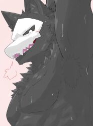  anthro black_body black_fur black_sclera bodily_fluids bone bone_mask canid canine changed_(video_game) fur hi_res male mammal mask muscular muscular_male puro_(changed) raimuoekaki simple_background skull skull_mask solo sweat sweatdrop 