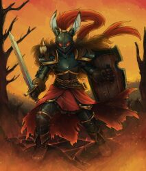  aleanora anthro armor armorbun belt boots clothing fantasy female fire footwear glowing glowing_eyes headgear helmet hi_res knight lagomorph leporid mammal melee_weapon otakuap plant rabbit shield shoes sky solo sword tree warrior weapon 