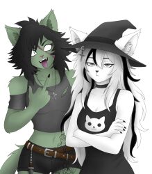  absurd_res caucau123 duo facial_scar felid feline female green_body hi_res khaela mammal nyra_(caucau123) scar tattoo tongue tongue_out undead white_body white_eyes zombie 