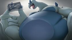  16:9 2026 advice anthro ass belly belly_exposed belly_overhang big_belly big_butt big_moobs blue_body dialogue digital_media_(artwork) english_description english_text fat_rolls generation_2_pokemon growing hi_res huge_belly legendary_pokemon looking_at_viewer lugia moobs morbidly_obese muffin_top nintendo obese open_mouth overweight pokemon pokemon_(species) slightly_chubby solo solo_focus speech_bubble steen text tongue weight_gain white_body widescreen 