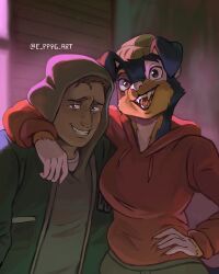  4:5 absurd_res alfie_(crooked_city) anthro arms_over_shoulders beanie black_lips bottomwear canid canine canis clothing domestic_dog duo e_pppg_art embarrassed female floppy_ears fur fur_markings hair hand_on_hip hat headgear headwear hi_res hoodie hug human human_on_anthro humanoid_hands interspecies legwear lips lipstick looking_at_viewer makeup male mammal markings multicolored_body multicolored_fur night open_mouth ponytail purple_light rare_americans skirt smile smiling_at_viewer stockings tan_body tan_fur teeth text thick_thighs tongue topwear white_body white_fur white_nose yellow_body yellow_fur 