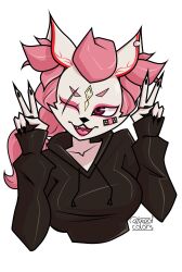  2024 absurd_res anthro artist_name bandage bandage_on_face black_clothing black_hoodie black_topwear breasts canid canine clothing epic_games eye_scar eyeshadow facial_scar female fortnite fox fur gesture hair half-length_portrait hand_gesture hand_pawpads hi_res hoodie kimiko_five-tails makeup mammal one_eye_closed open_mouth open_smile pink_eyes pink_eyeshadow pink_hair portrait pose scar simple_background smile solo teaofcolors text topwear twitter_handle v_sign white_background white_body white_fur wink 