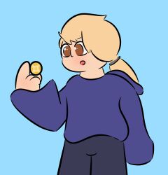  blonde_hair bottomwear brown_eyes clothing denim denim_bottomwear denim_clothing hair hi_res holding_object human jacket jeans light_ball_(pokemon) male mammal open_mouth pants ponytail pre-transformation rory_arctic_fox solo topwear 