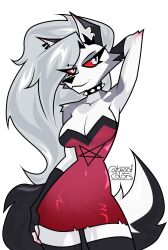  2024 absolute_territory absurd_res anthro artist_name bare_shoulders breasts canid canid_demon canine cleavage clothed clothing cocktail_dress collar demon dress ear_piercing eye_through_hair eyebrow_piercing facial_piercing female fur grey_body grey_fur grey_hair hair hand_behind_head hellaverse hellhound helluva_boss hi_res long_hair loona_(helluva_boss) mammal mythological_canine mythological_creature mythology notched_ear piercing portrait pupils red_clothing red_dress red_sclera short_dress shoulderless_dress simple_background slit_pupils small_waist smile solo spiked_collar spikes strapless_clothing strapless_dress tail teaofcolors text three-quarter_portrait translucent translucent_hair twitter_handle white_background white_body white_eyes white_fur 