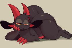  2026 absurd_res ambiguous_gender anthro ass astonarts big_butt black_body black_fur chikn_nuggit claws dragon fur fwench_fwy_(chikn_nuggit) hand_on_chin hi_res horn looking_at_viewer lying mythological_creature mythological_scalie mythology narrowed_eyes nonbinary_(lore) on_front red_claws red_eyes red_horn scalie simple_background solo tail thick_thighs yellow_sclera 