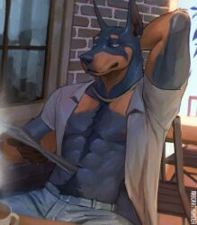  2026 abs absurd_res anthro artist_name black_body black_fur borkthunder bottomwear brick brick_wall canid canine canis chair clothed clothing container cup digital_media_(artwork) dobermann domestic_dog fur furniture hi_res jewelry male mammal muscular muscular_anthro muscular_male necklace nipples on_chair open_clothing open_shirt open_topwear pants pinscher pointy_ears prick_ears reading shirt sitting sitting_on_chair solo tan_body tan_fur text topwear wall_(structure) window 
