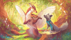  16:9 2026 ambient_bird ambiguous_gender anthro antlers bowed_string_instrument brown_body brown_fur canid canine canis closed_eyes deormynd_(character) digital_media_(artwork) dragon duo feathered_dragon feathered_scalie feathered_wings feathers feral forest forest_background fur furred_dragon furred_scalie grass green_eyes grey_body grey_fur hi_res himmis horn mammal musical_instrument mythological_creature mythological_scalie mythology on_grass on_ground on_tree_stump outside paws plant playing_music playing_violin scalie scarf signature sitting string_instrument tail tree tree_stump violin white_body white_fur widescreen wings wolf 