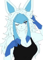  2026 antenna_hair anthro athletic athletic_anthro athletic_female blue_body blue_eyes blue_fur blush breasts cleavage clothed clothing digital_drawing_(artwork) digital_media_(artwork) eeveelution eyelashes female female_anthro fur generation_4_pokemon glaceon gloves_(marking) hair hand_behind_head hi_res long_hair markings medium_breasts mun_rue nintendo pointy_ears pokemon pokemon_(species) pokemorph shirt small_waist smile solo tank_top topwear wavy_mouth wavy_smile 