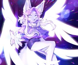  2024 3rdperson_iz 4_toes 5_fingers anthro bottomwear bow_(feature) canid canine claws clothed clothed_anthro clothed_female clothing colored digital_drawing_(artwork) digital_media_(artwork) eyebrows eyelashes feathered_wings feathers feet female female_anthro fingers fox fully_clothed fur glowing hair hi_res inner_ear_fluff long_hair looking_at_viewer mammal monotone_body open_mouth pawpads paws pink_hair pink_pawpads purple_clothing purple_topwear shaded shirt shorts solo spread_wings tail toes topwear tuft white_body white_fur white_hair white_wings wings 