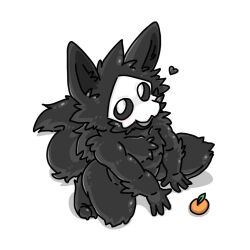  1:1 anthro black_body black_ears black_fur black_hands black_heart_symbol black_paws black_tail changed_(video_game) cheek_tuft chest_tuft dark_latex dragontim facial_tuft fluffy fluffy_tail food fruit fur grey_mouth head_tuft heart_symbol kneeling looking_at_viewer male open_mouth orange_(fruit) plant puro_(changed) shadow simple_background solo tail tuft white_background white_eyes white_mask 