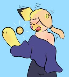  absurd_res blush bright_light closed_eyes clothing flinch forced fur gender_transformation generation_2_pokemon hair hi_res light_ball_(pokemon) male mammal mid_transformation mouse mtf_transformation murid murine nintendo open_mouth oversized_clothing pichu pointy_ears pokemon pokemon_(species) ponytail rodent rory_arctic_fox shrinking size_transformation solo transformation yellow_body yellow_fur 