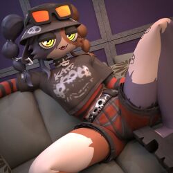  1:1 2026 3d_(artwork) alternate_hairstyle anthro bedroom_eyes belt black_belt black_body black_clothing black_crop_top black_footwear black_fur black_hat black_headwear black_sandals black_shirt black_topwear bottomwear bucket_hat calico_cat clothing collar crop_top digital_media_(artwork) domestic_cat ear_piercing epic_games eyewear eyewear_on_head felid feline felis female footwear fortnite fur furniture hat headgear headwear hi_res leg_tattoo macu031 mammal meow_skulls metalhead_meow_skulls multicolored_body multicolored_fur narrowed_eyes on_sofa orange_body orange_fur pattern_bottomwear pattern_clothing pattern_shirt pattern_shorts pattern_topwear piercing plaid plaid_bottomwear plaid_clothing plaid_shorts sandals seductive shirt shoes shorts sofa solo spiked_collar spikes spread_legs spreading striped_clothing striped_shirt striped_topwear stripes sunglasses sunglasses_on_head tattoo topwear twintails_(hairstyle) wearing_sunglasses white_body white_fur yellow_eyes 