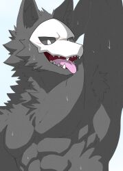  absurd_res anthro black_body black_fur black_sclera bodily_fluids bone bone_mask canid canine changed_(video_game) fur hi_res male mammal mask puro_(changed) raimuoekaki simple_background skull skull_mask solo sweat sweatdrop tongue 