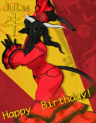  5_fingers anthro black_body black_fur black_hair bovid bovine breasts cattle clothed clothed_anthro clothed_female clothing dress english_text female fingers fur gun hair handgun hi_res horn humanoid_hands mammal mercedes_(petruz) petruz ranged_weapon revolver solo tail text weapon 
