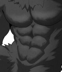  2026 abs anthro black_body black_fur canid canine canis changed_(video_game) colored fur hip_tuft male mammal monochrome muscular muscular_anthro muscular_male neck_tuft pecs puro_(changed) raimuoekaki shaded shadow solo torso_shot tuft wolf 