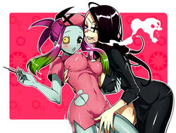  2girls bent_over black_hair blush breast_grab breasts cigarette cleavage covered_nipples dress erect_nipples eyepatch female ghost_shop_(ot-nm) grabbing gradient_hair green_eyes green_hair green_skin grin hat large_breasts long_hair multicolored_hair multiple_girls nurse nurse_cap original ot-nm payot ponytail purple_eyes purple_hair side_slit sidelocks skull smile smoking torn_clothes yuri zombie 