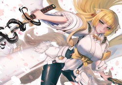  animal_ears blonde_hair bodysuit breasts commentary_request female fox_ears fox_tail green_eyes hand_fan japanese_clothes kakumayu katana kyoukaisenjou_no_horizon large_breasts long_hair mogami_yoshiaki_(horizon) pantyhose petals solo sword tail weapon 