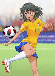  2018_fifa_world_cup adidas ball black_hair blue_skirt blurry blush brazil brazilian_flag breasts cleats clothes_writing commentary_request dark-skinned_female dark_skin depth_of_field earrings facepaint female flag grass grey_hair highres idolmaster idolmaster_cinderella_girls jersey jewelry kicking kneehighs medium_breasts natalia_(idolmaster) necklace nigou nike_(company) open_mouth outdoors pleated_skirt purple_eyes shoelaces short_hair short_sleeves skirt smile soccer soccer_ball soccer_uniform socks solo sportswear standing sweat telstar_18 white_socks world_cup 