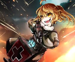  ahoge aiming aiming_at_viewer blonde_hair commentary_request female flying grin gun holding holding_weapon military military_uniform nez_n ponytail rifle short_hair smile solo tanya_degurechaff uniform weapon yellow_eyes youjo_senki 