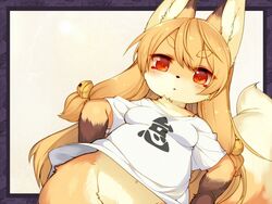  animal_ears bell bottomless breasts brown_hair commentary_request female fox_ears fox_girl fox_tail furry furry_female groin hair_ornament hands_on_own_hips jingle_bell kishibe koko_(kishibe) long_hair naked_shirt navel original out-of-frame_censoring red_eyes shirt small_breasts solo t-shirt tail upper_body white_shirt 