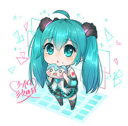  39 ahoge aqua_eyes aqua_hair chibi commentary_request detached_sleeves female firuo_(king_fish) food hatsune_miku long_hair mikuman necktie open_mouth skirt solo thighhighs twintails very_long_hair vocaloid 