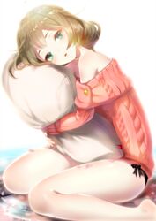  aran_sweater bad_id bad_pixiv_id bare_legs bare_shoulders barefoot black_panties bloom blue_eyes blush brown_hair cable_knit female furururu green_eyes heterochromia hugging_object idolmaster idolmaster_cinderella_girls looking_at_viewer mole mole_under_eye open_mouth panties parted_lips petals pillow pillow_hug ribbed_sweater short_hair side-tie_panties sitting solo sweater takagaki_kaede underwear wariza 