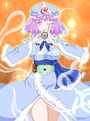  belt blue_dress blue_ribbon breasts commentary_request crossover dress eyecon female hat henshin henshin_pose highres kamen_rider kamen_rider_ghost_(series) large_breasts looking_at_viewer mob_cap one_eye_closed parody pink_eyes pink_hair pose ribbon rider_belt saigyouji_yuyuko short_hair smile solo touhou triangular_headpiece tsukushi_(741789) 