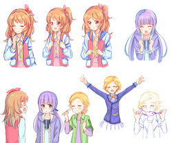  0_0 3girls :d :o ^_^ aikatsu! aikatsu!_(series) arms_up blonde_hair blue_jacket blue_ribbon blue_shirt blush braid brown_eyes brown_hair chopsticks clenched_hands closed_eyes closed_mouth collarbone commentary_request eating fish hair_ribbon hikami_sumire holding holding_chopsticks jacket long_hair long_sleeves low_twintails makiaato multiple_girls multiple_views one_side_up open_clothes open_jacket open_mouth outstretched_arms ozora_akari parted_lips pink_ribbon pink_skirt pleated_skirt pocket purple_eyes purple_hair purple_jacket ribbon school_uniform shinjo_hinaki shirt short_hair simple_background skirt smile starlight_academy_school_uniform surprised twintails very_long_hair white_background white_shirt white_skirt 