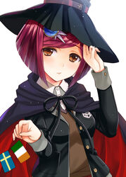  bad_id bad_pixiv_id brown_eyes cape commentary_request danganronpa_(series) danganronpa_v3:_killing_harmony female flags_of_all_nations hair_ornament hairclip hand_on_headwear hat holding irish_flag looking_at_viewer red_hair school_uniform seiru_(prairie) short_hair simple_background string_of_flags swedish_flag white_background witch_hat yumeno_himiko 