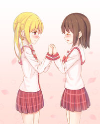  2girls blonde_hair blush brown_background brown_hair closed_eyes closed_mouth commentary_request cowboy_shot gradient_background hair_between_eyes holding_hands interlocked_fingers long_hair long_sleeves makiaato multiple_girls original parted_lips petals plaid plaid_skirt pleated_skirt profile red_eyes red_skirt sailor_collar school_uniform serafuku shirt skirt twintails white_background white_sailor_collar white_shirt yuri 