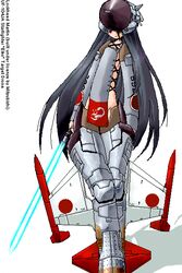  black_hair character_name energy_sword f-104_starfighter female jaggy_lines long_hair mecha_musume military oekaki original personification red_eyes solo sword very_long_hair weapon yonezuka_ryou 