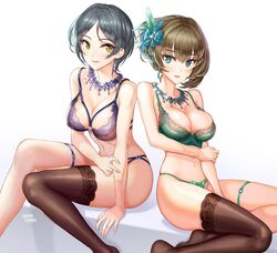  bare_shoulders black_hair blue_bra blue_eyes blue_gemstone blue_panties blush bow bra breasts brown_hair cleavage closed_mouth collarbone commentary earrings eyelashes feather_hair_ornament feathers female gem green_bra green_eyes green_gemstone green_panties hair_ornament hairbow hamahama hayami_kanade heterochromia hip_focus idolmaster idolmaster_cinderella_girls jewelry large_breasts legs looking_at_viewer mole mole_under_eye mysterious_eyes_(idolmaster) navel necklace panties parted_bangs pretty_liar_(idolmaster) short_hair simple_background single_thighhigh sitting smile takagaki_kaede thigh_strap thighhighs thighs tied_hair underwear white_background yellow_eyes 