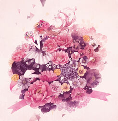  bare_arms bouquet brown_eyes brown_hair comiket_86 commentary_request crown dress female floral_background flower from_side hair_flower hair_ornament halterneck hanatan head_wreath holding holding_flower hydrangea indie_utaite layered_dress long_hair mokaffe pansy peony_(flower) pink_flower pink_rose pink_theme ponytail profile ribbon rose sleeveless sleeveless_dress solo striped utaite vertical_stripes very_long_hair 