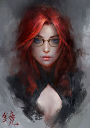  bespectacled blue_eyes borrowed_character brown-framed_eyewear cleavage_cutout commentary daniel_kamarudin english_commentary eyebrows forehead glasses high_collar highres kagami_miyazaki_ishikawa lips long_hair looking_at_viewer makeup mascara nose original painting pink_lips portrait red_hair solo 